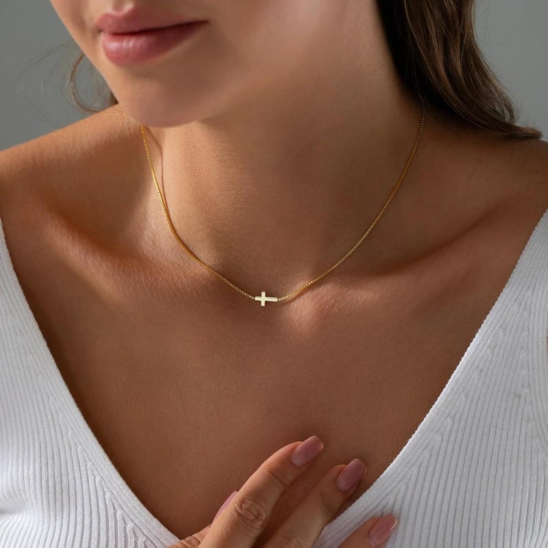 VIROMY Gold Cross Necklace for Women 14K Gold Plated Cute Sidways Cross Pendant Choker Necklaces Simple Trendy Everyday Jewelry for Women - Image 2